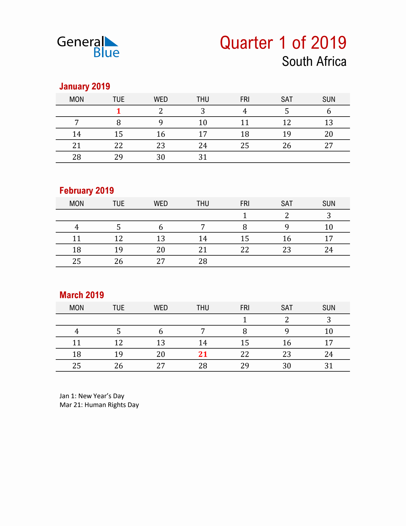 Printable Three Month Calendar with South Africa Holidays