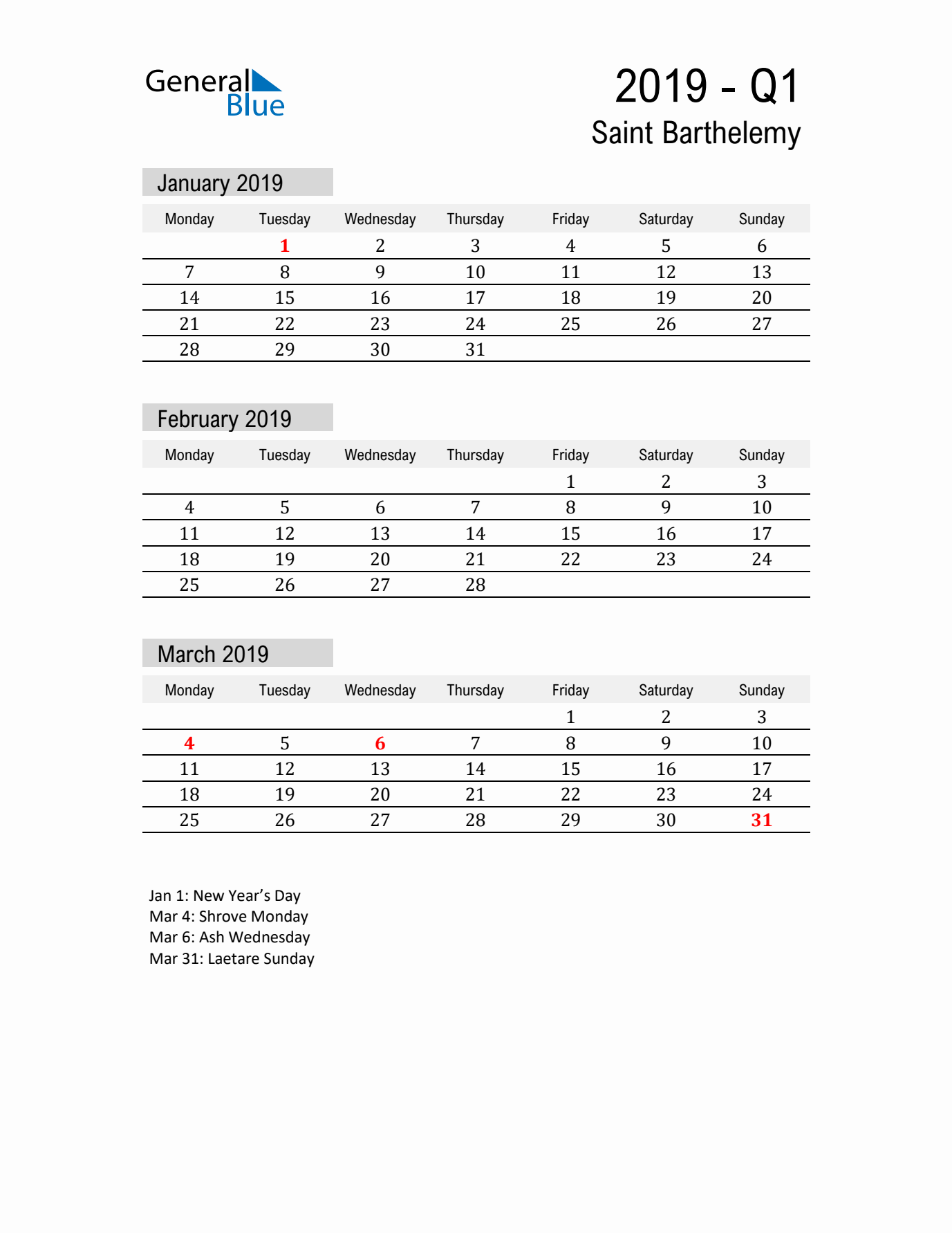 Saint Barthelemy Quarter 1 2019 Calendar with Holidays