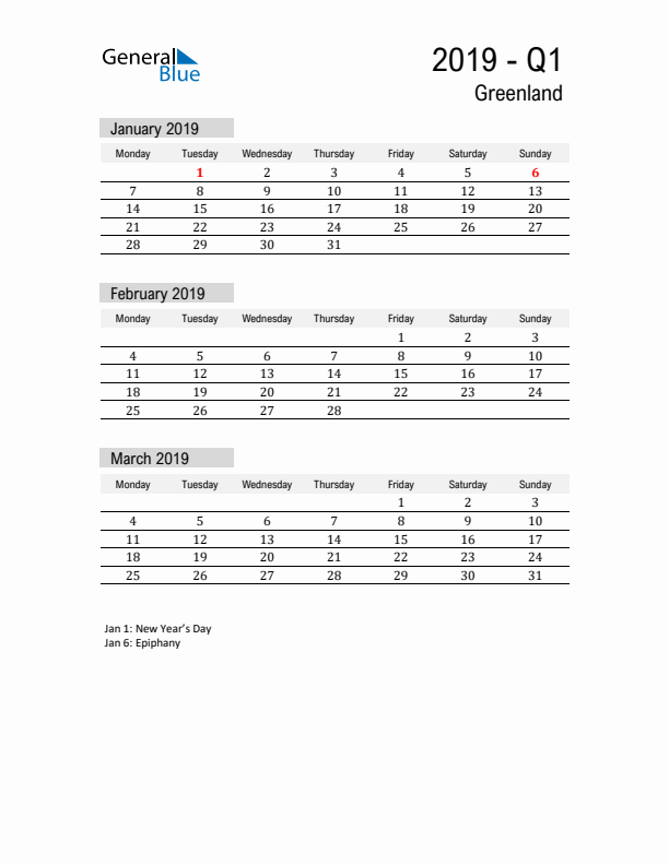 Greenland Quarter 1 2019 Calendar with Holidays