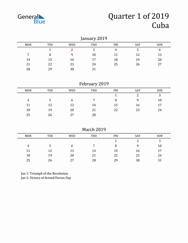 Quarter 1 2019 Cuba Quarterly Calendar