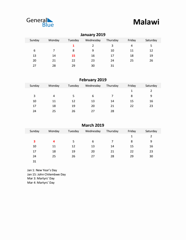 Printable Quarterly Calendar with Notes and Malawi Holidays- Q1 of 2019