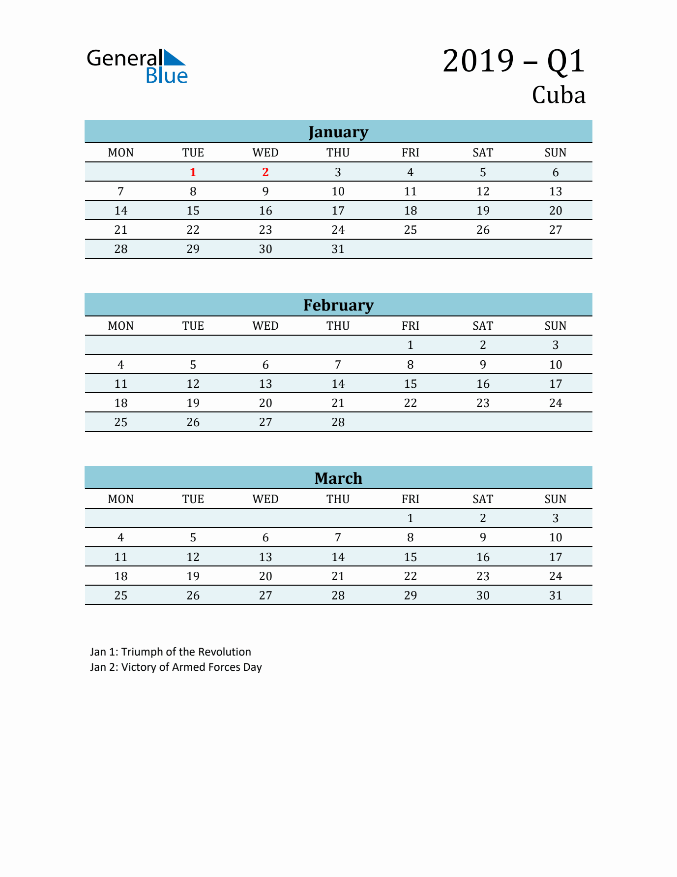 Three-Month Planner for Q1 2019 with Holidays - Cuba