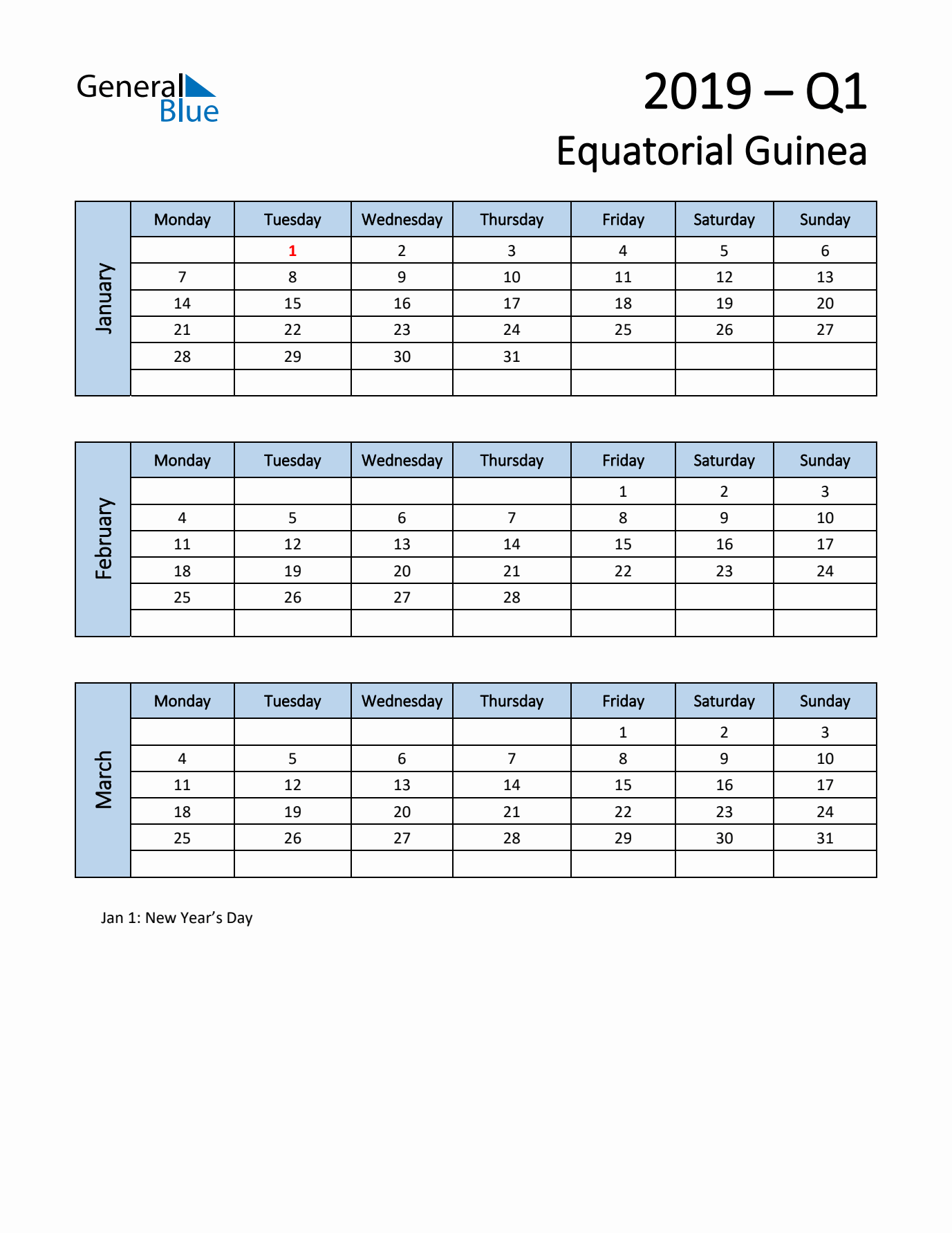 Free Q1 2019 Calendar for Equatorial Guinea - Monday Start