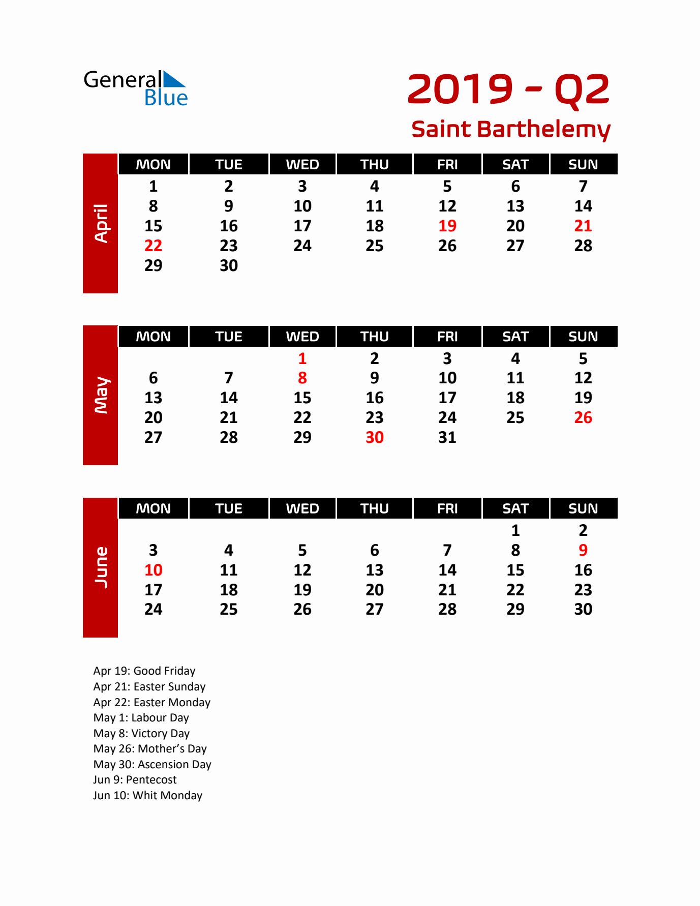 Q2 2019 Calendar with Holidays in Saint Barthelemy