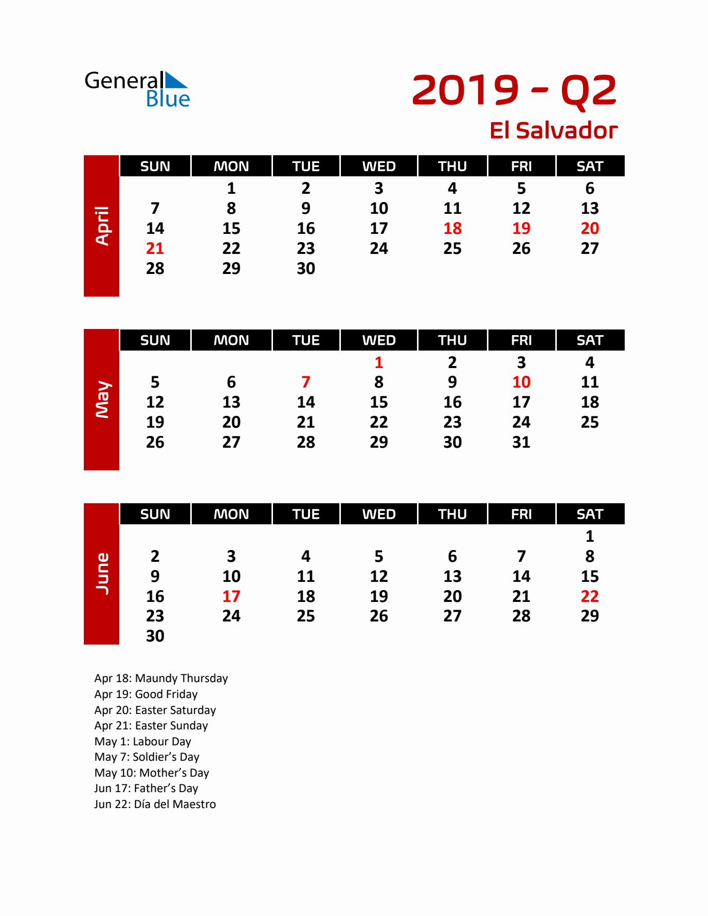 Q2 2019 Calendar with Holidays in El Salvador