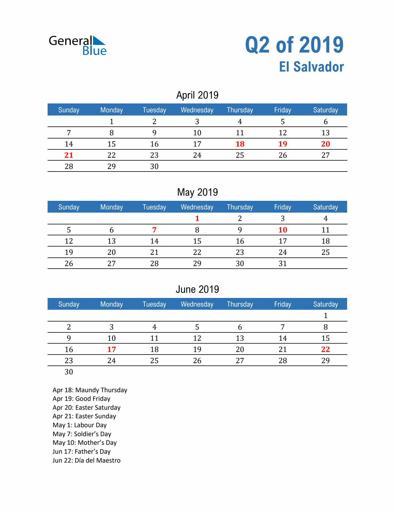 El Salvador Q2 2019 Quarterly Calendar with Sunday Start