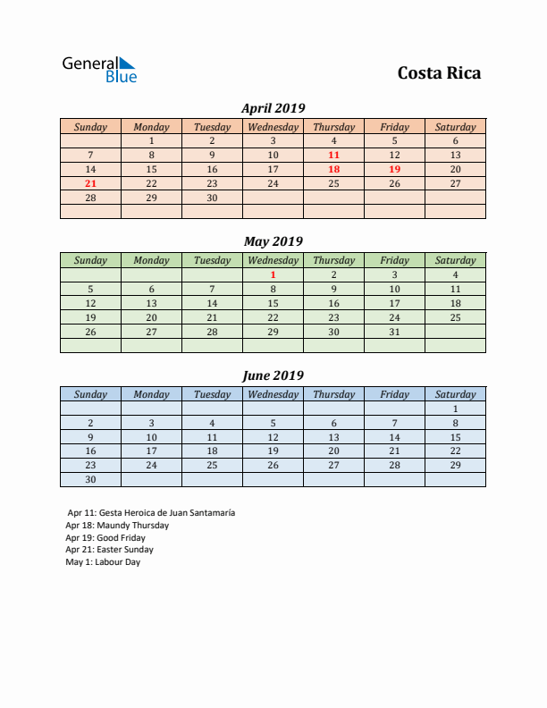 Q2 2019 Holiday Calendar - Costa Rica