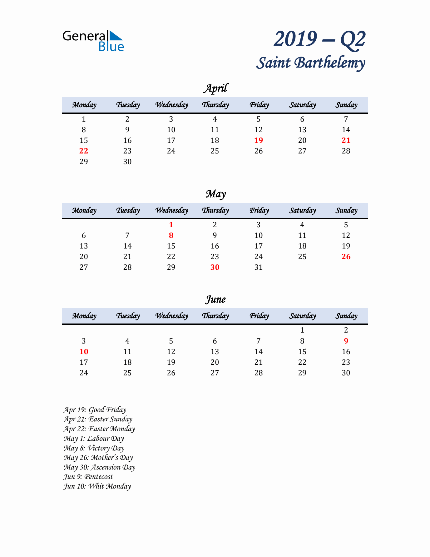 April, May, and June Calendar for Saint Barthelemy with Monday Start