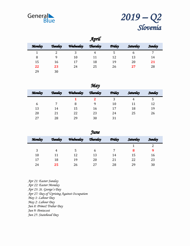 April, May, and June Calendar for Slovenia with Monday Start
