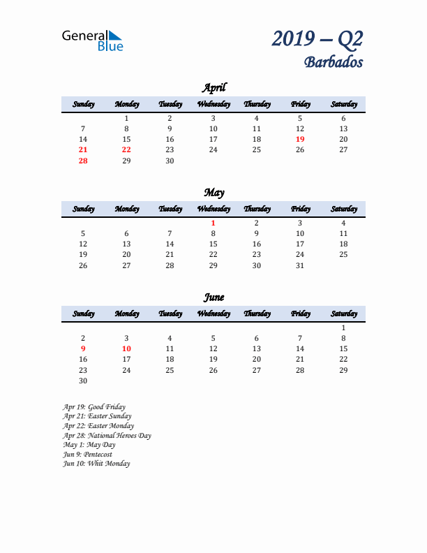 April, May, and June Calendar for Barbados with Sunday Start