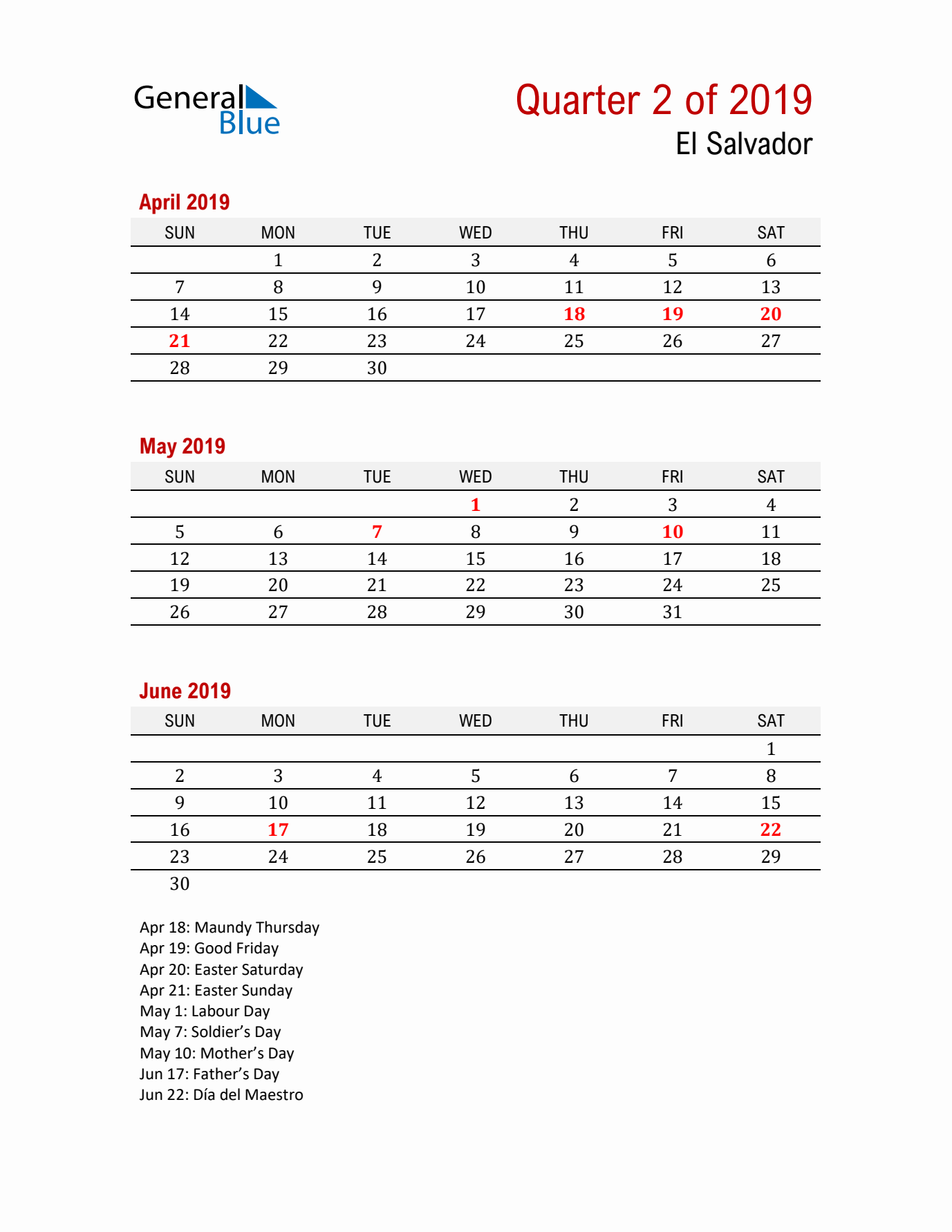 Printable Three Month Calendar with El Salvador Holidays