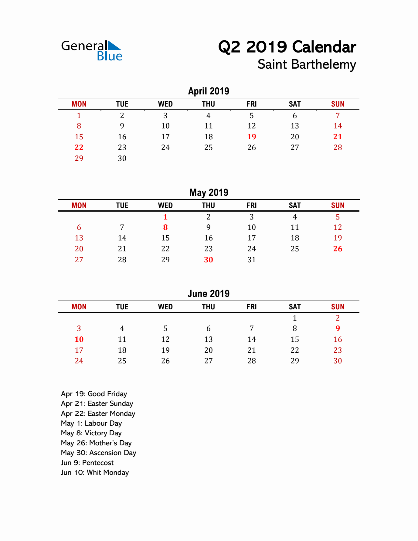 2019 Q2 Calendar with Holidays List for Saint Barthelemy