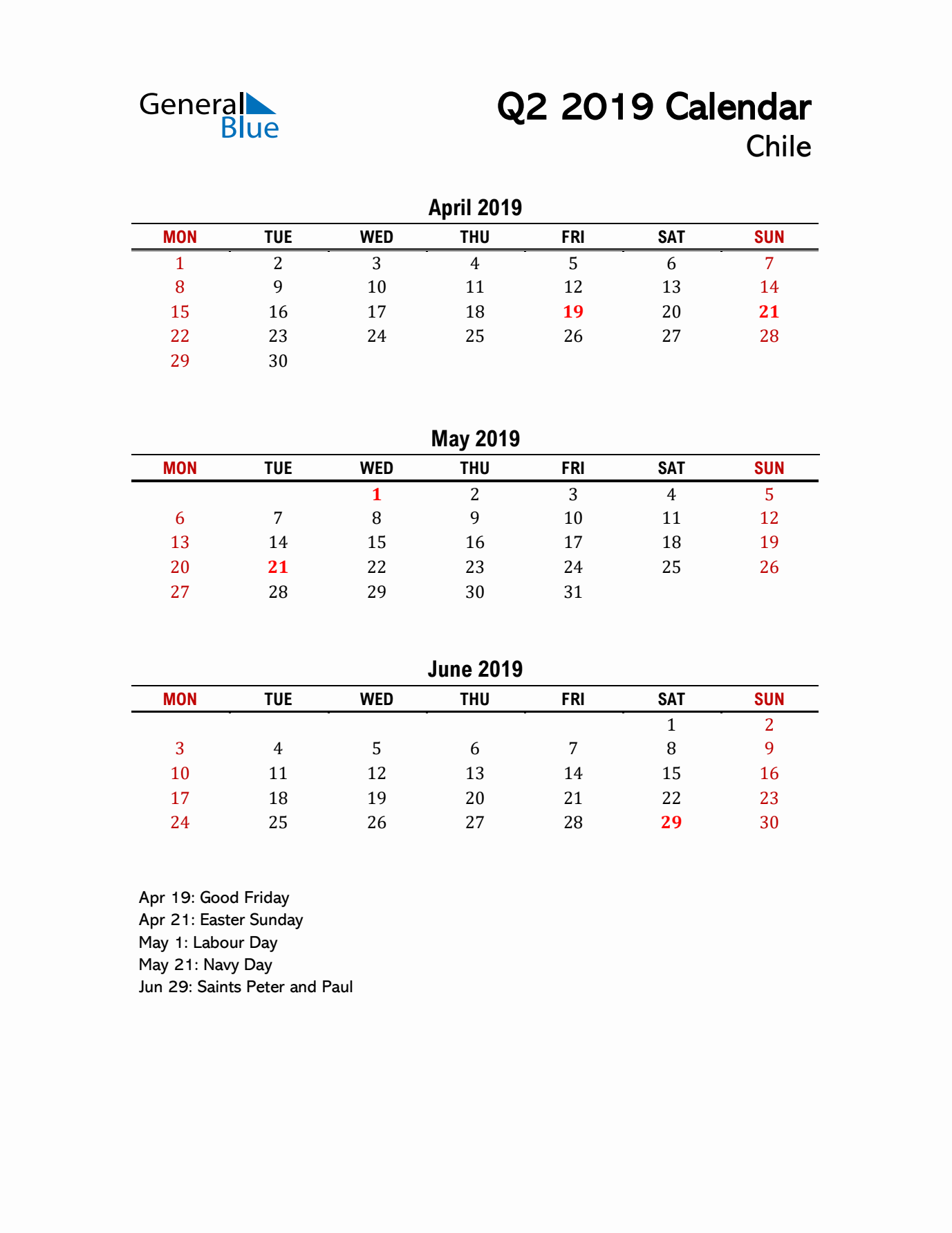 2019 Q2 Calendar with Holidays List for Chile