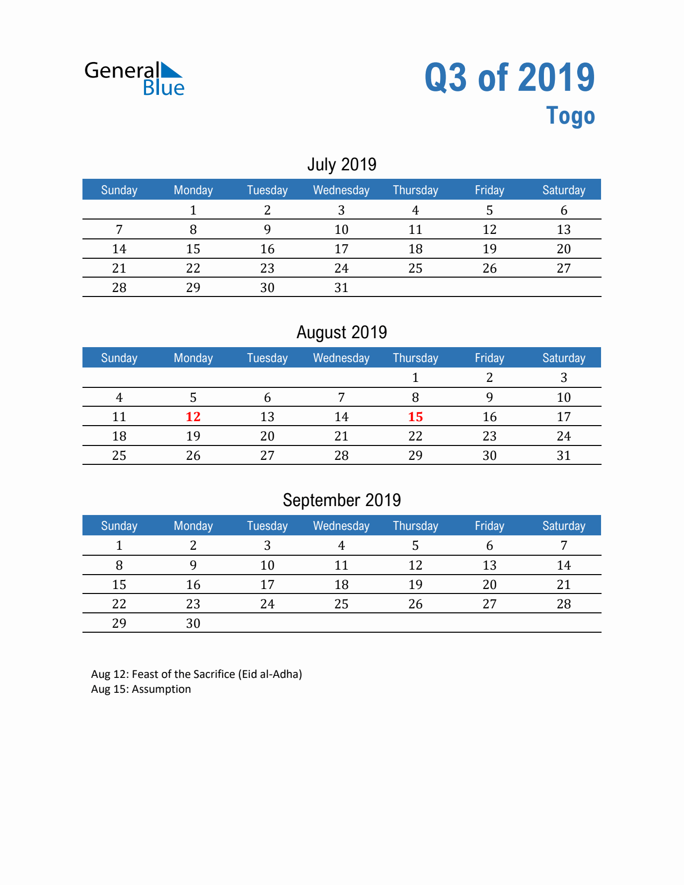 Togo Q3 2019 Quarterly Calendar with Sunday Start