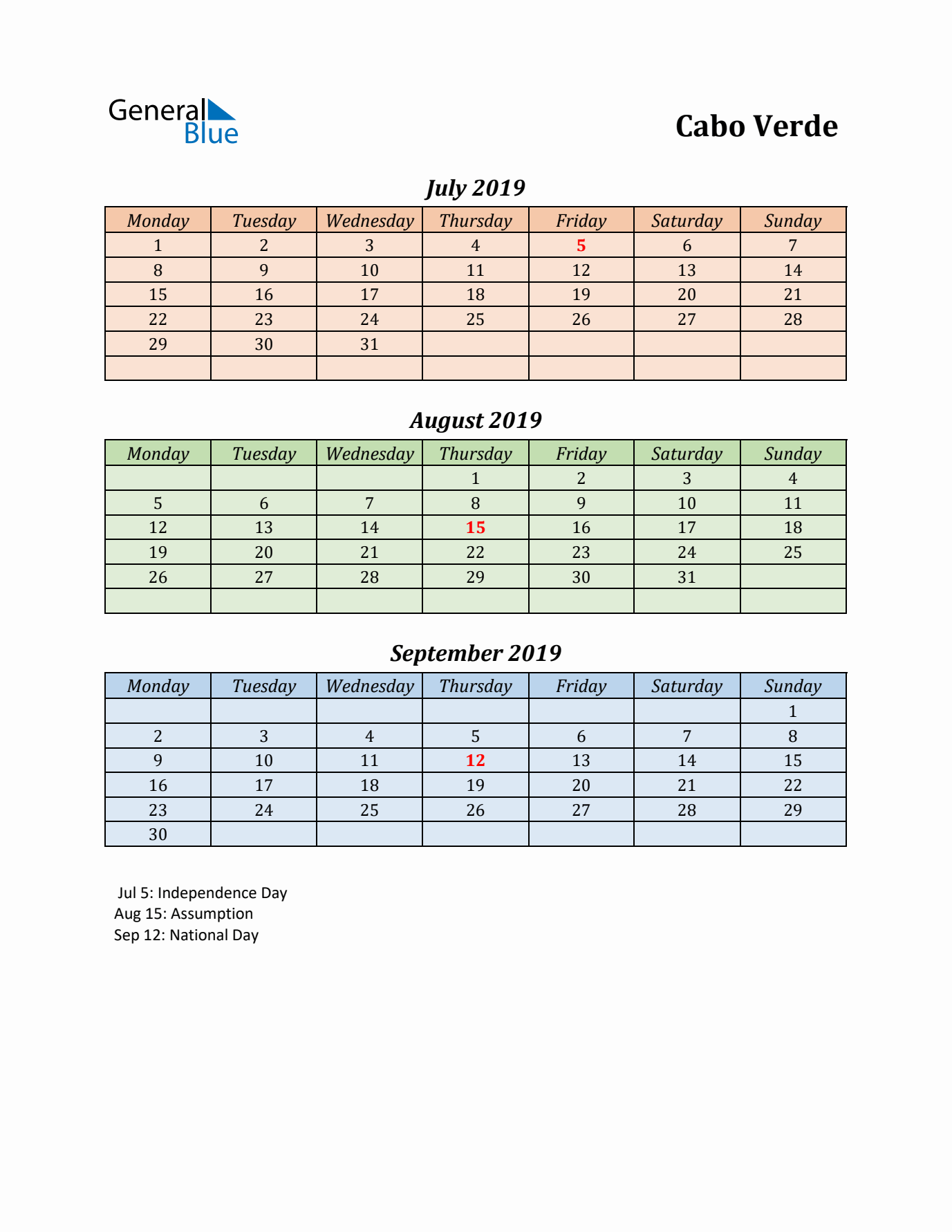 Q3 2019 Holiday Calendar - Cabo Verde