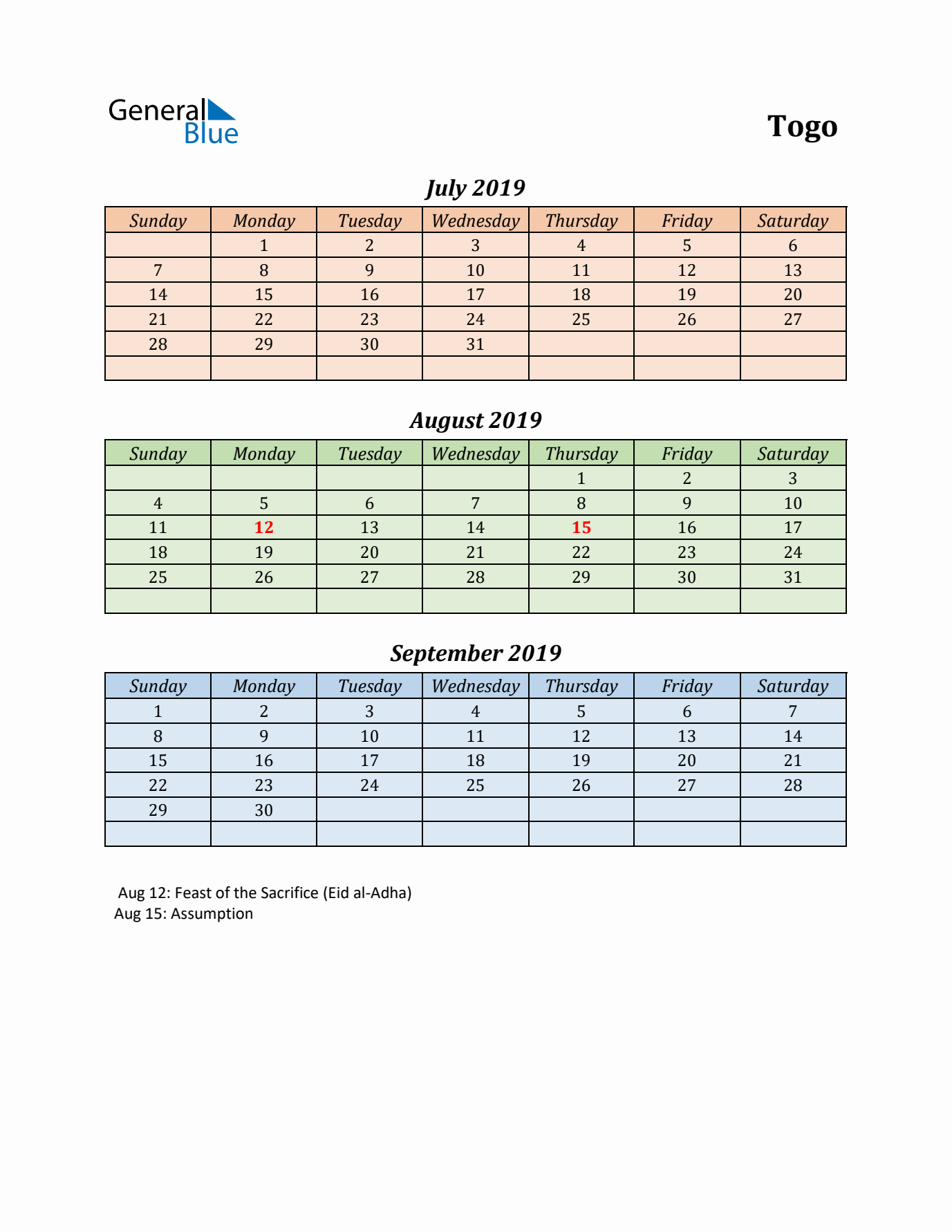 Q3 2019 Holiday Calendar - Togo