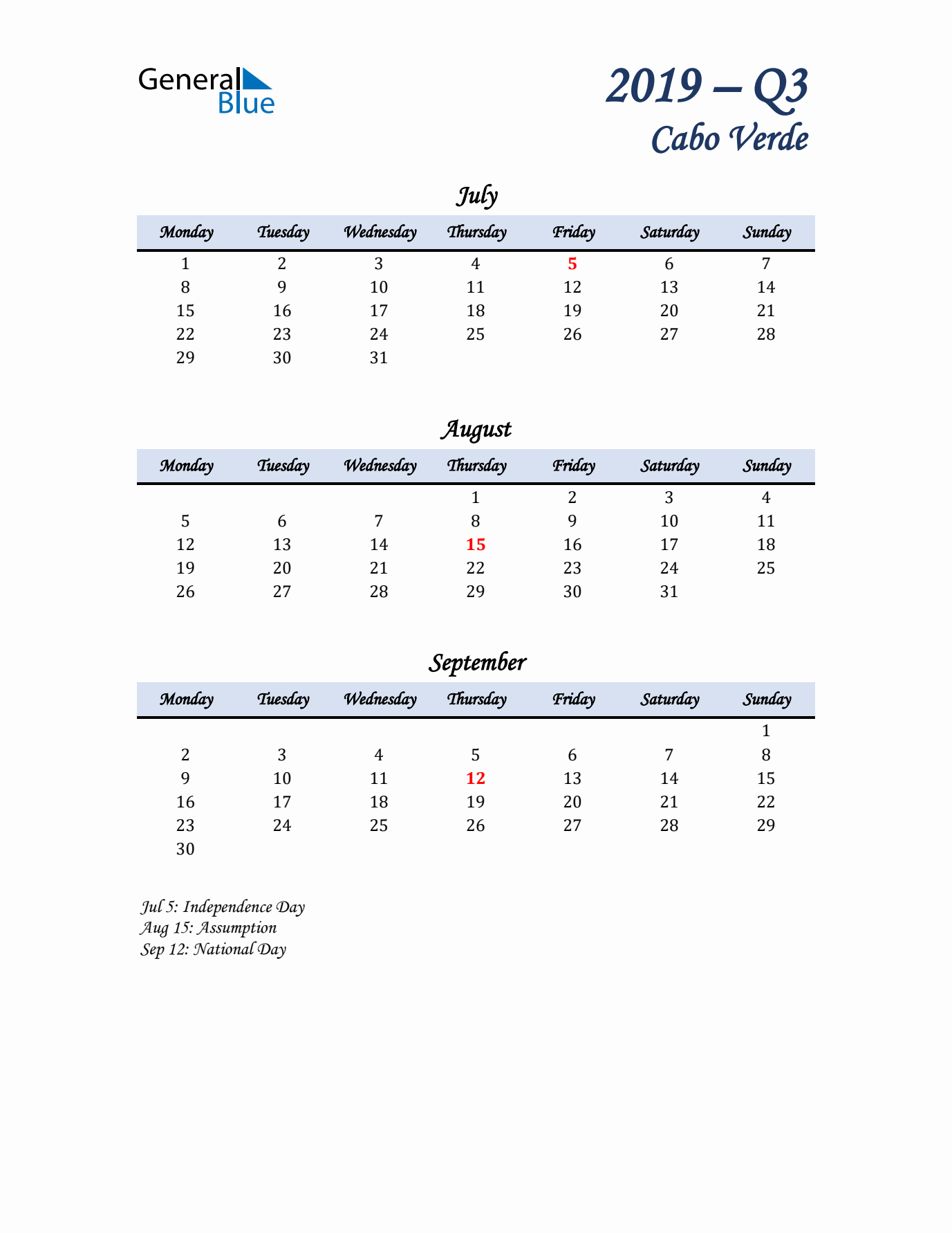 July, August, and September Calendar for Cabo Verde with Monday Start