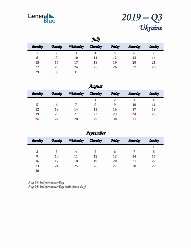 July, August, and September Calendar for Ukraine with Monday Start