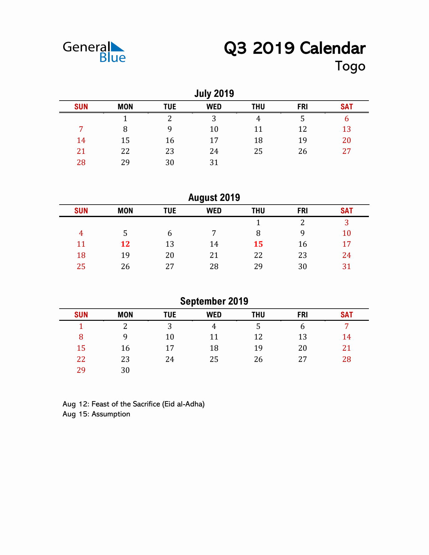 2019 Q3 Calendar with Holidays List for Togo