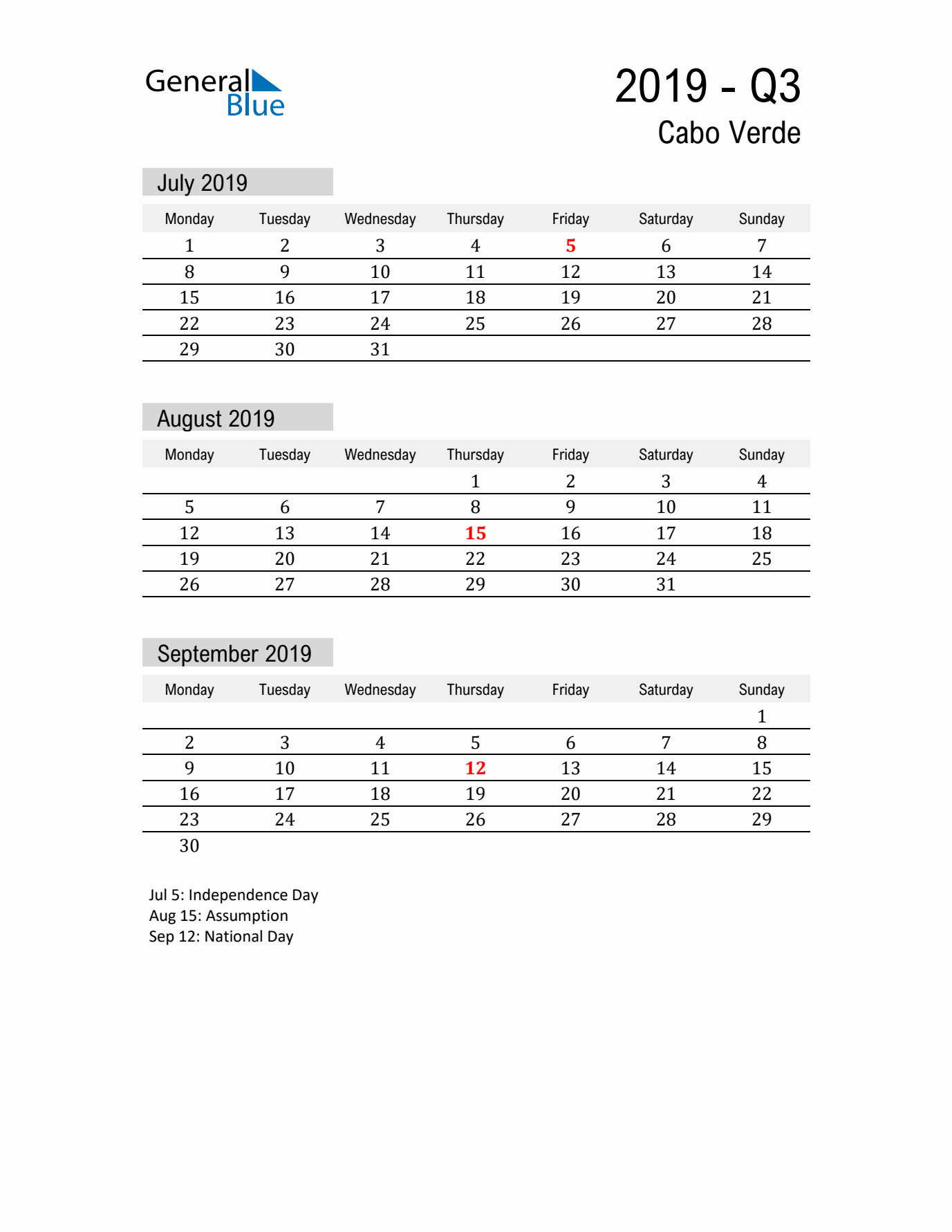 Cabo Verde Quarter 3 2019 Calendar with Holidays
