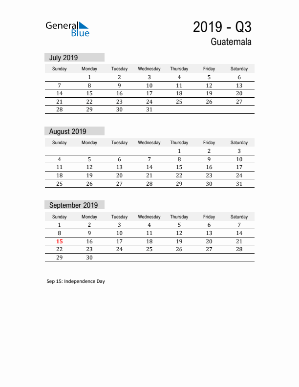 Guatemala Quarter 3 2019 Calendar with Holidays