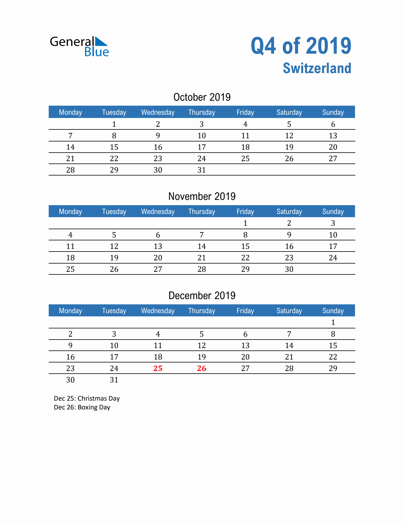 Switzerland Q4 2019 Quarterly Calendar with Monday Start