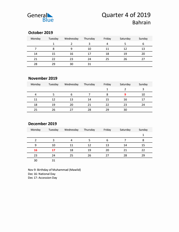 2019 Q4 Three-Month Calendar for Bahrain