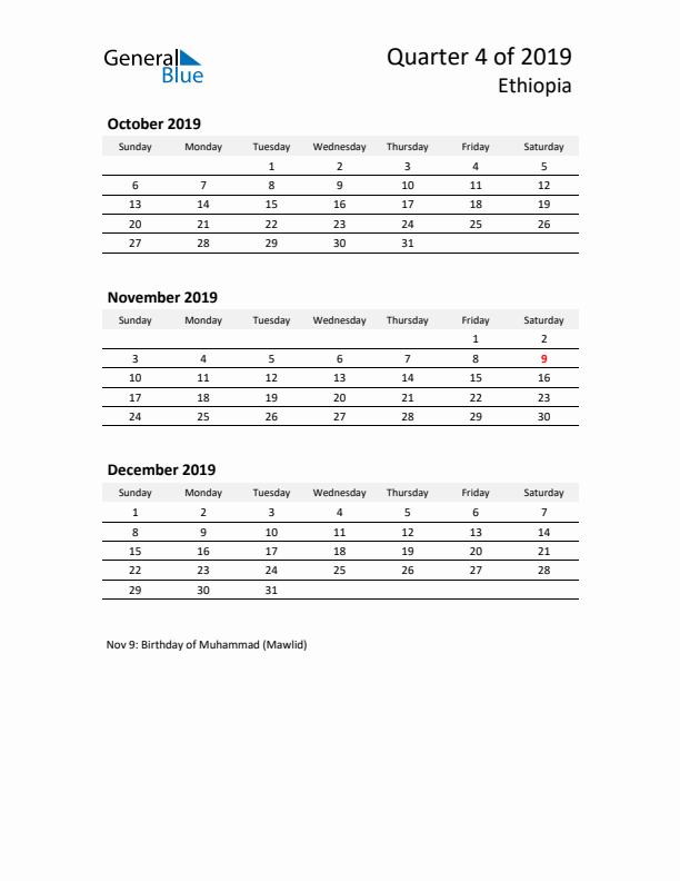 2019 Q4 Three-Month Calendar for Ethiopia