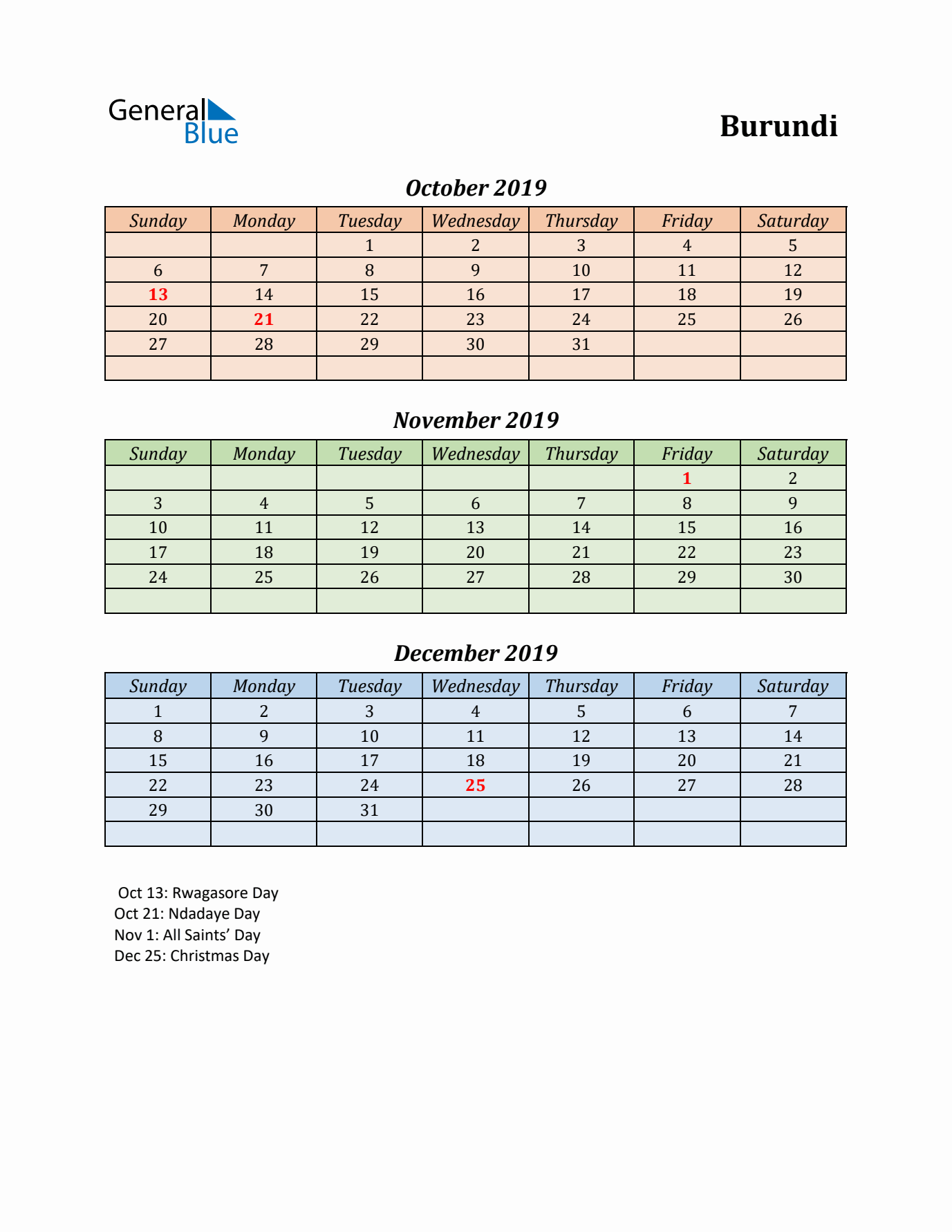 Q4 2019 Holiday Calendar - Burundi