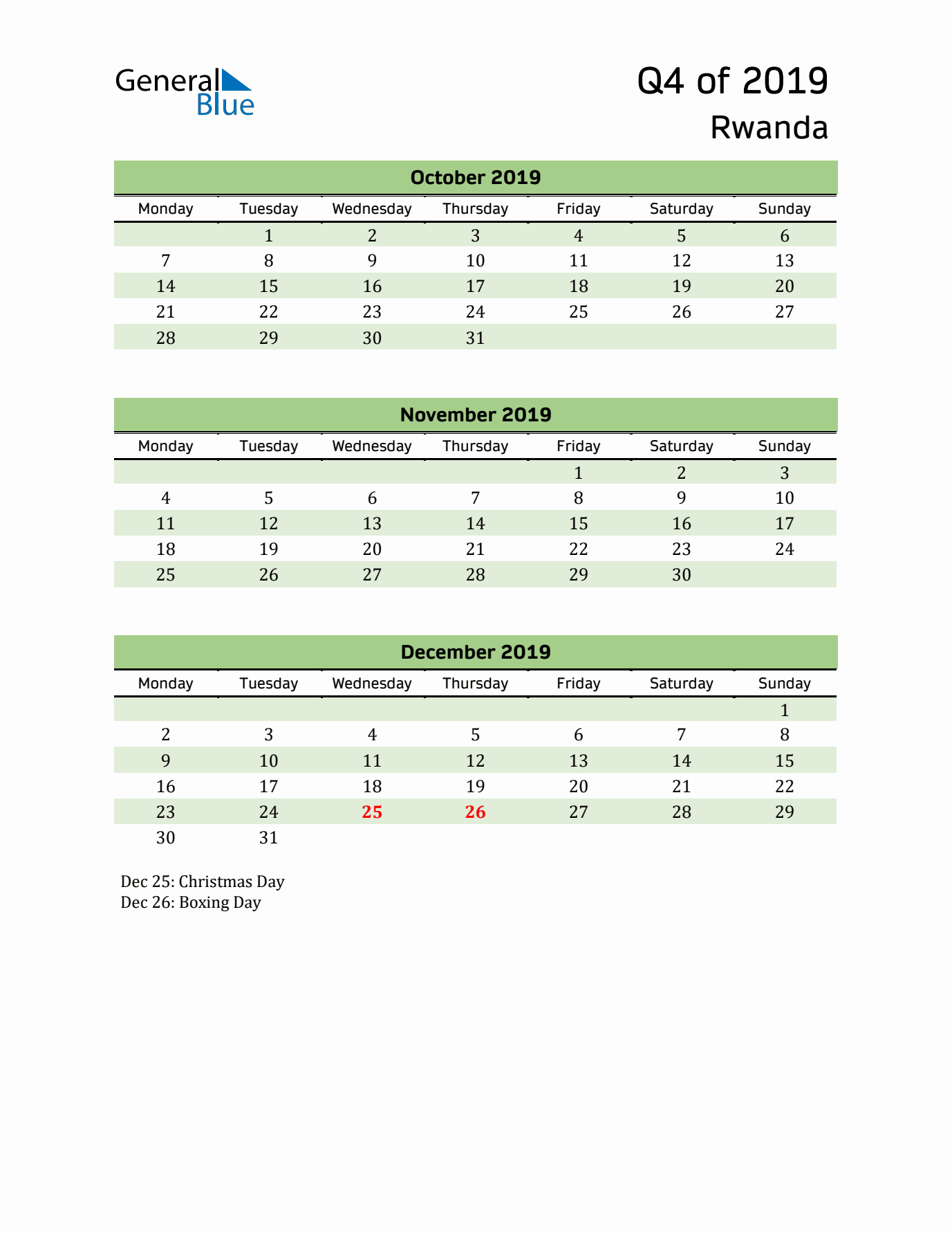 Quarterly Calendar 2019 with Rwanda Holidays