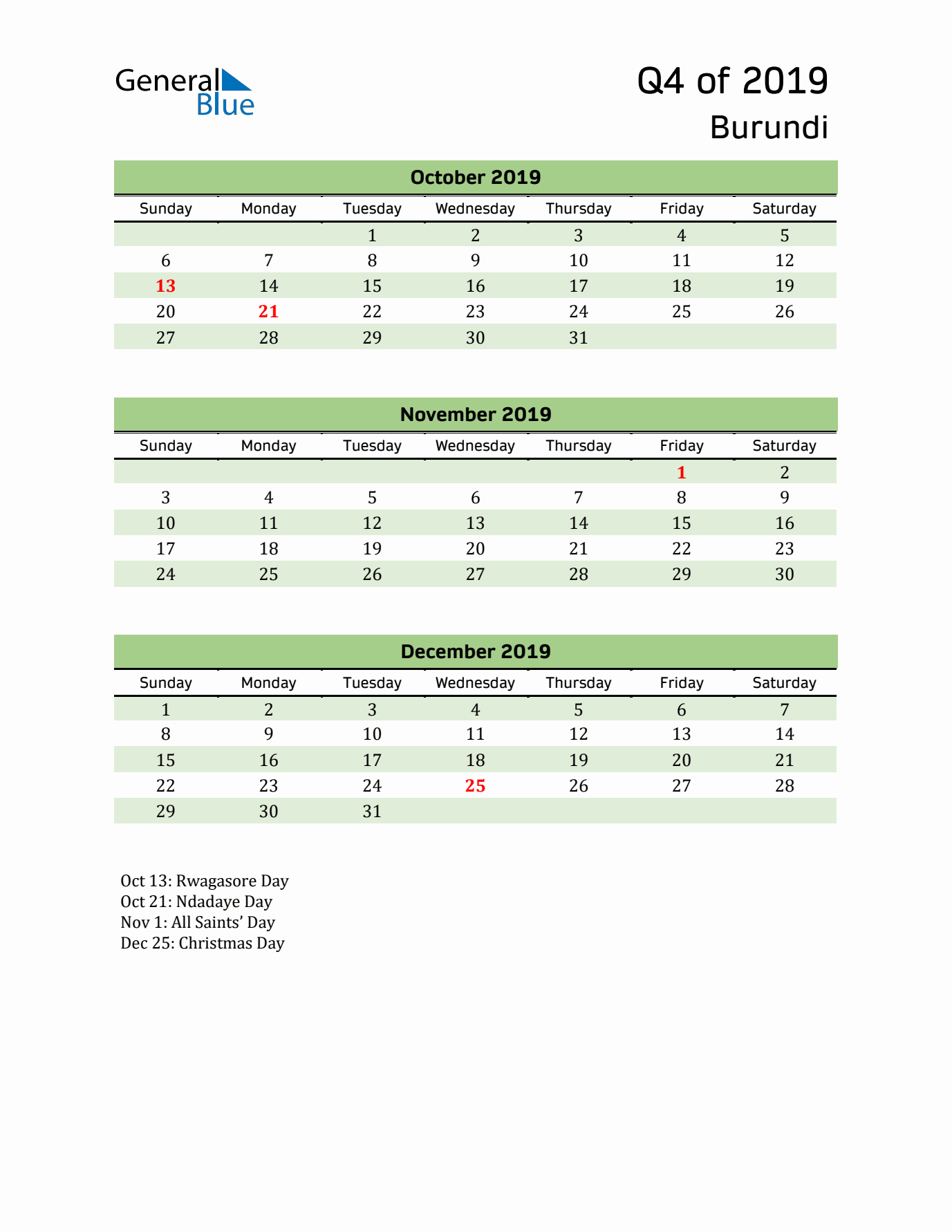 Quarterly Calendar 2019 with Burundi Holidays
