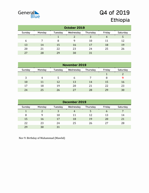 Quarterly Calendar 2019 with Ethiopia Holidays