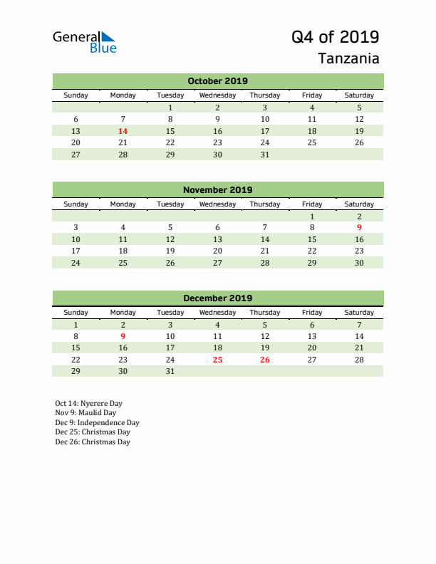 Quarterly Calendar 2019 with Tanzania Holidays