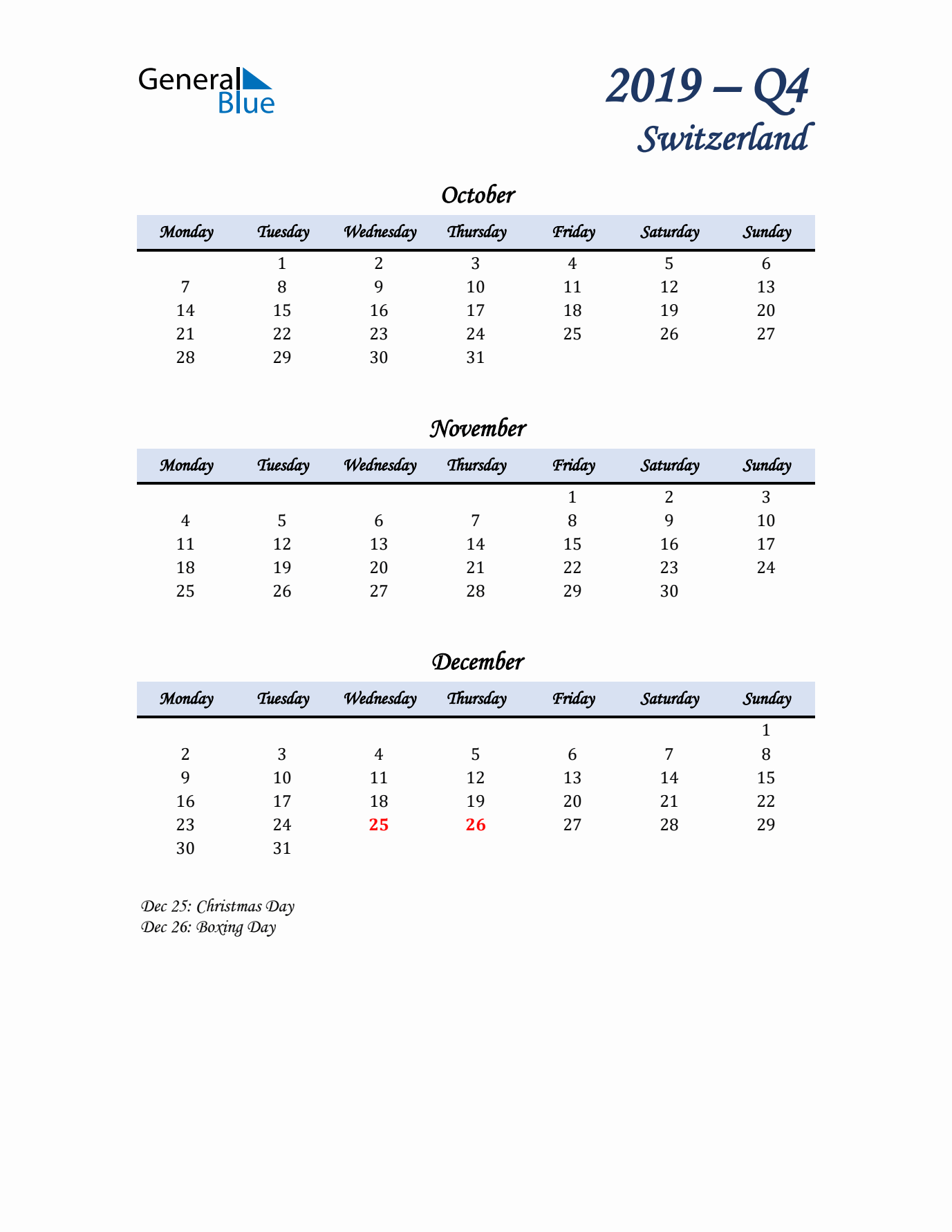 October, November, and December Calendar for Switzerland with Monday Start