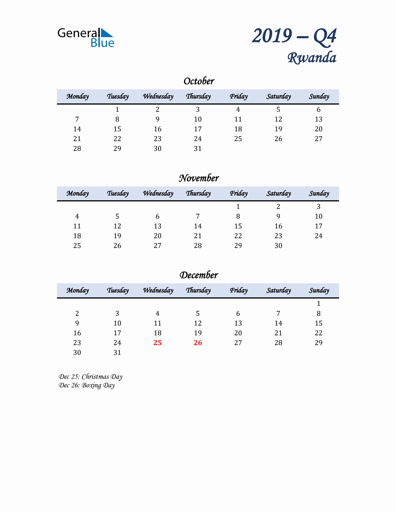 October, November, and December Calendar for Rwanda with Monday Start