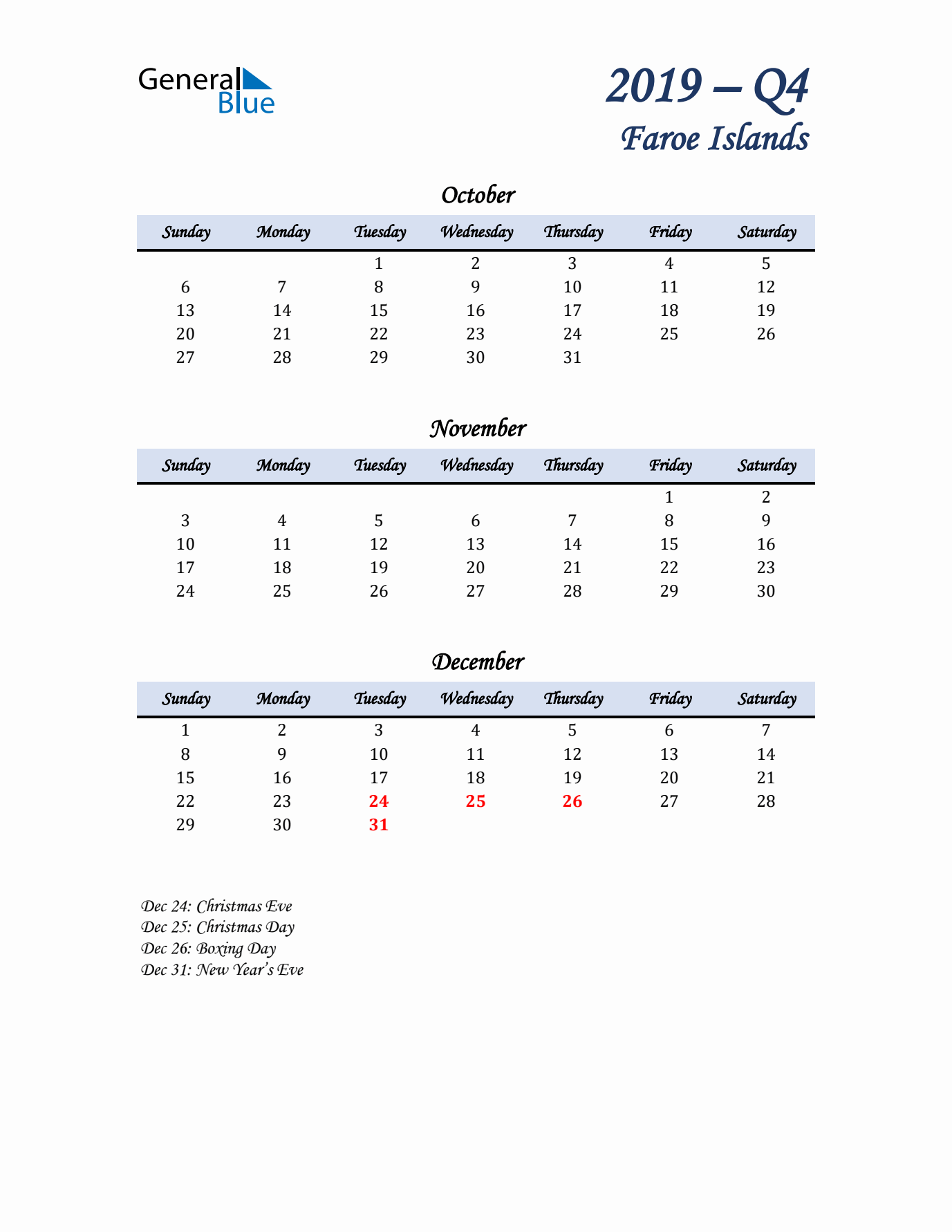 October, November, and December Calendar for Faroe Islands with Sunday Start