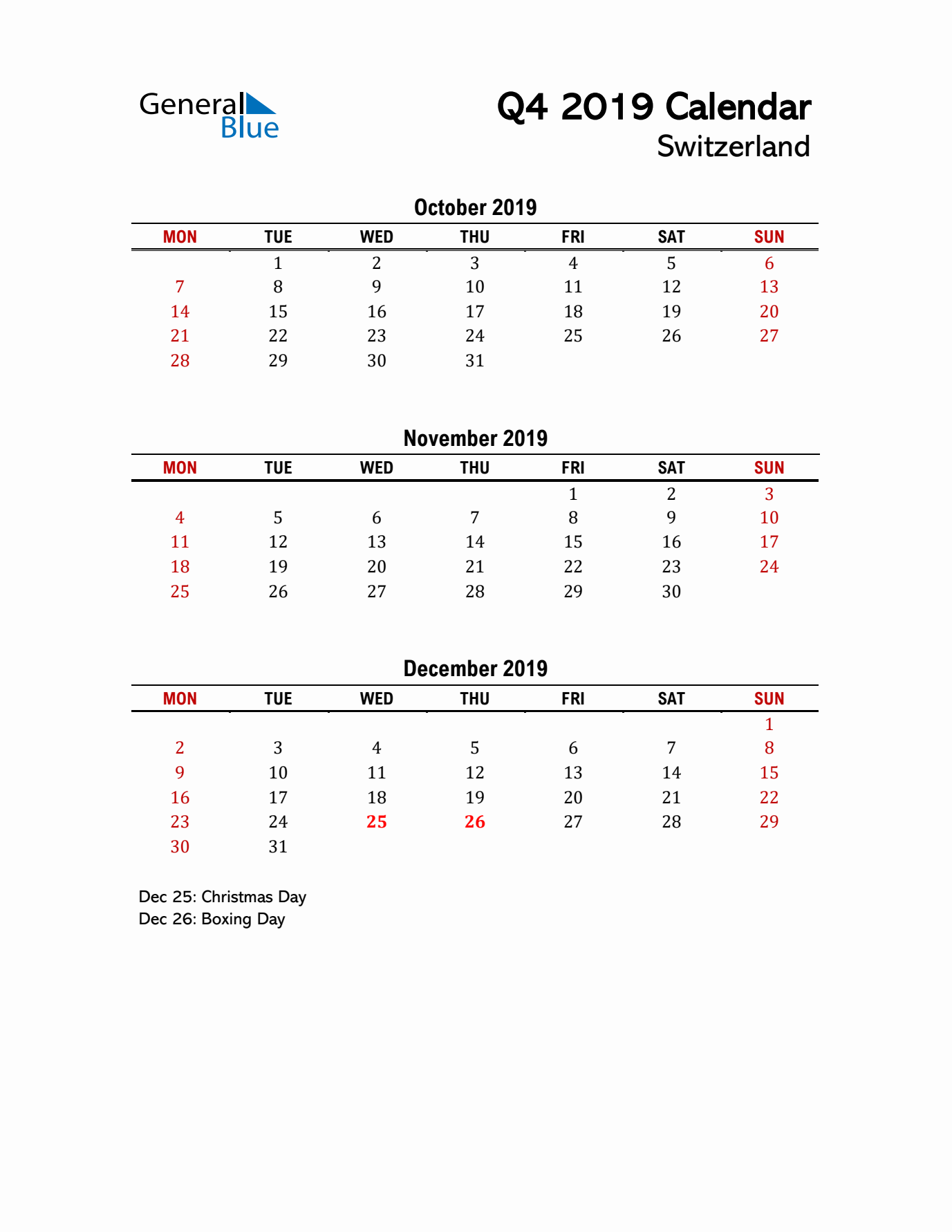 2019 Q4 Calendar with Holidays List for Switzerland