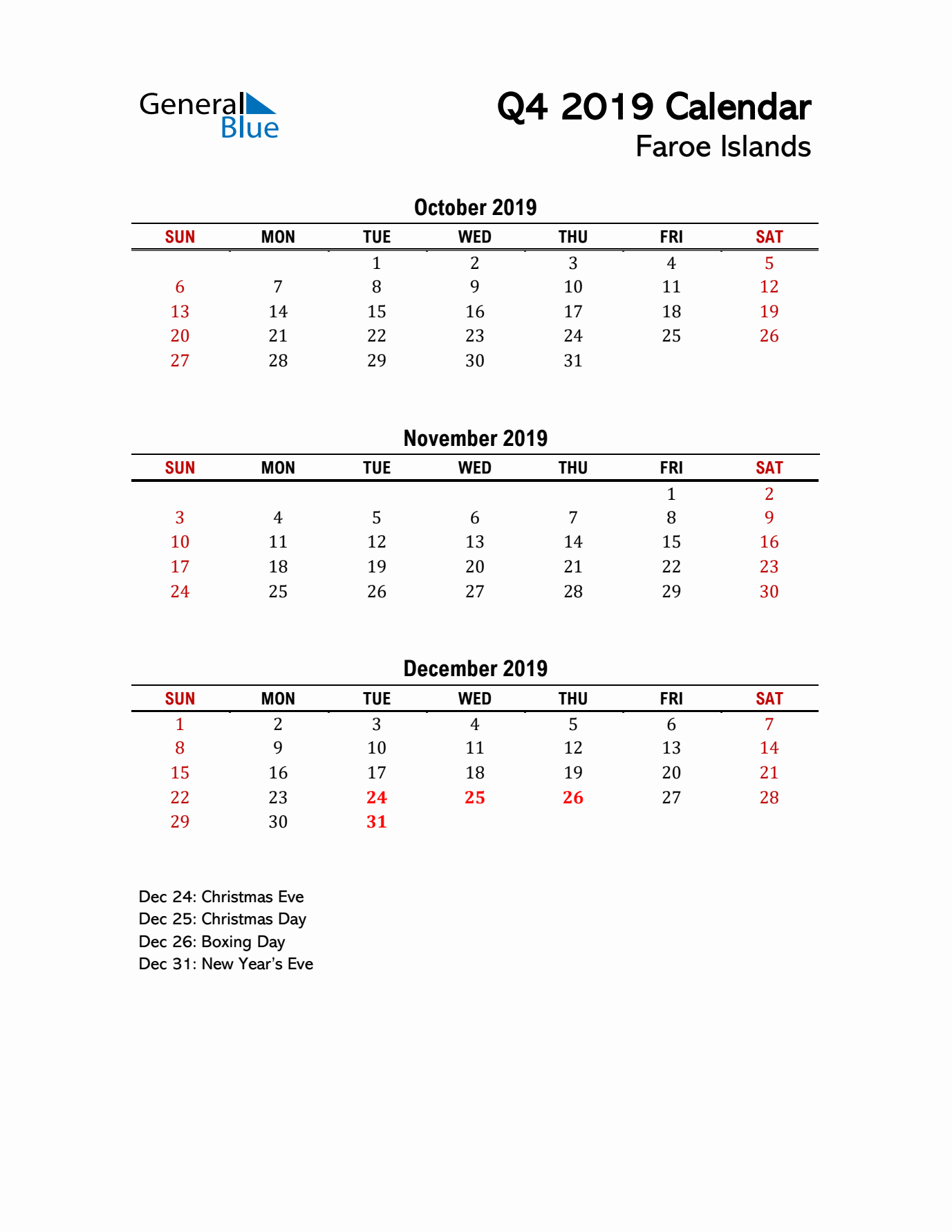 2019 Q4 Calendar with Holidays List for Faroe Islands