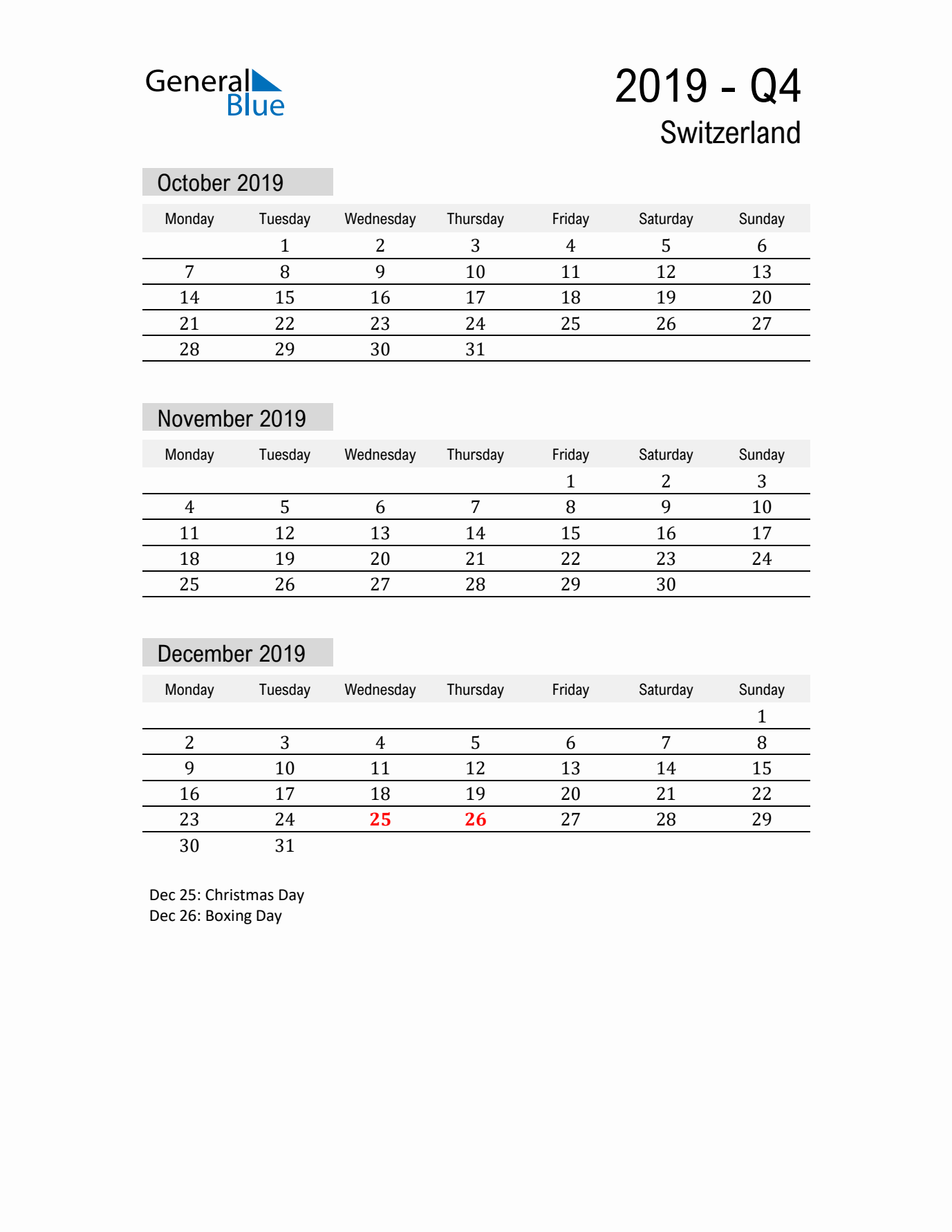 Switzerland Quarter 4 2019 Calendar with Holidays