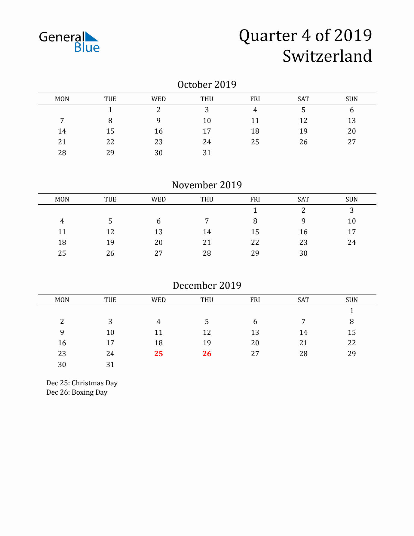 Quarter 4 2019 Switzerland Quarterly Calendar