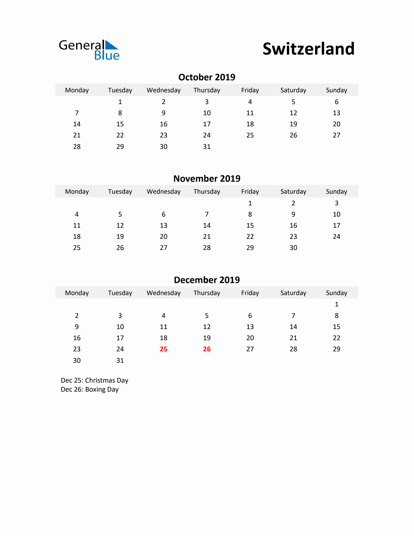 Printable Quarterly Calendar with Notes and Switzerland Holidays- Q4 of 2019