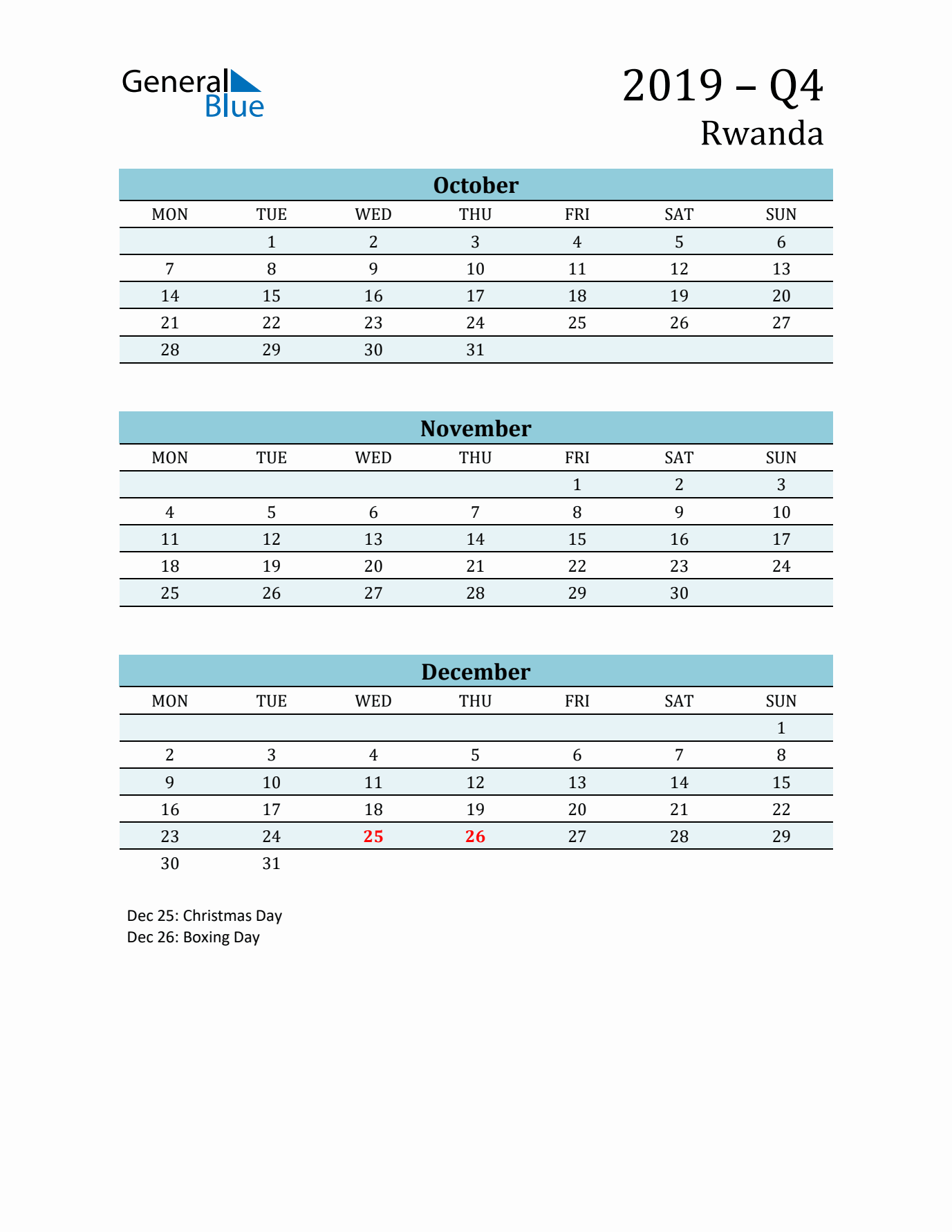 Three-Month Planner for Q4 2019 with Holidays - Rwanda