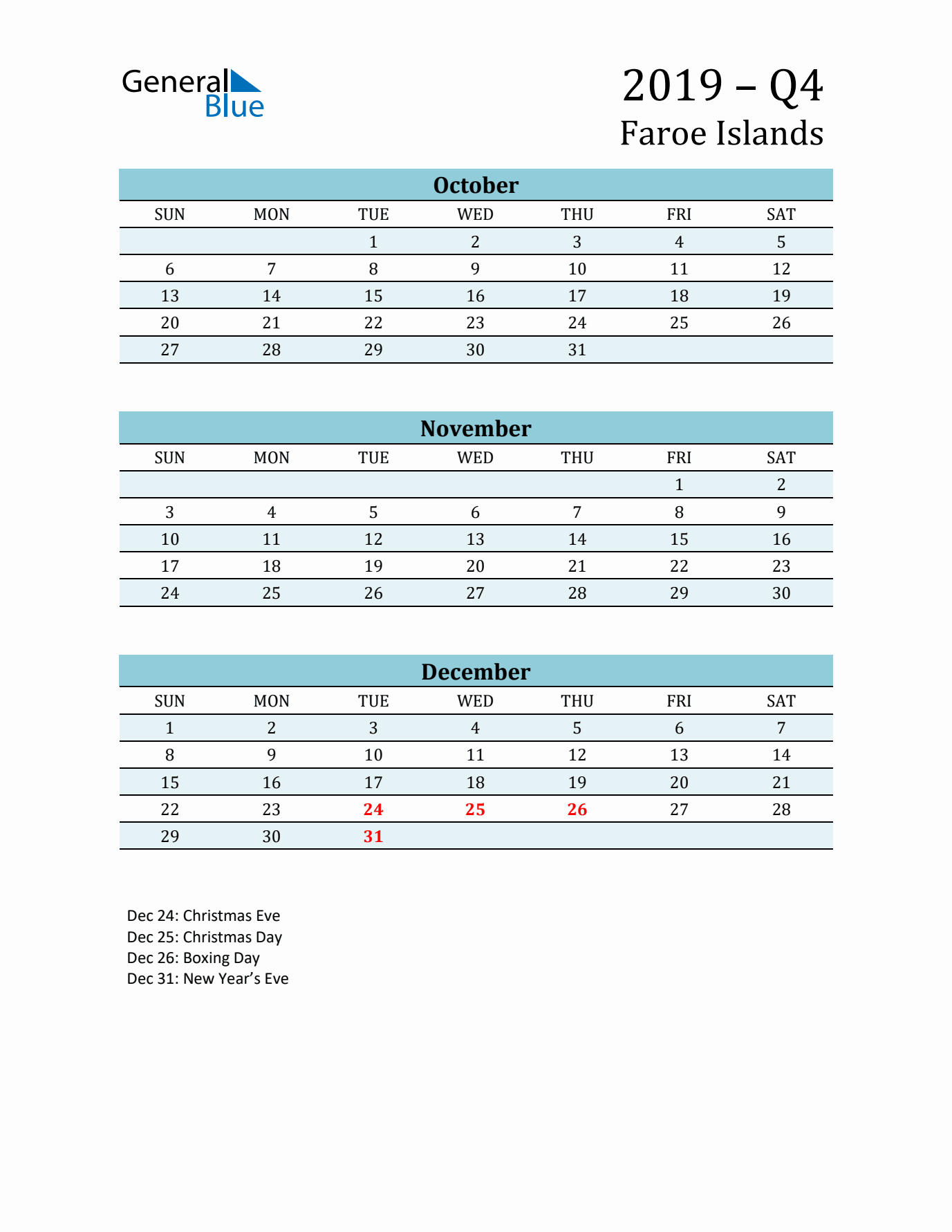 Three-Month Planner for Q4 2019 with Holidays - Faroe Islands