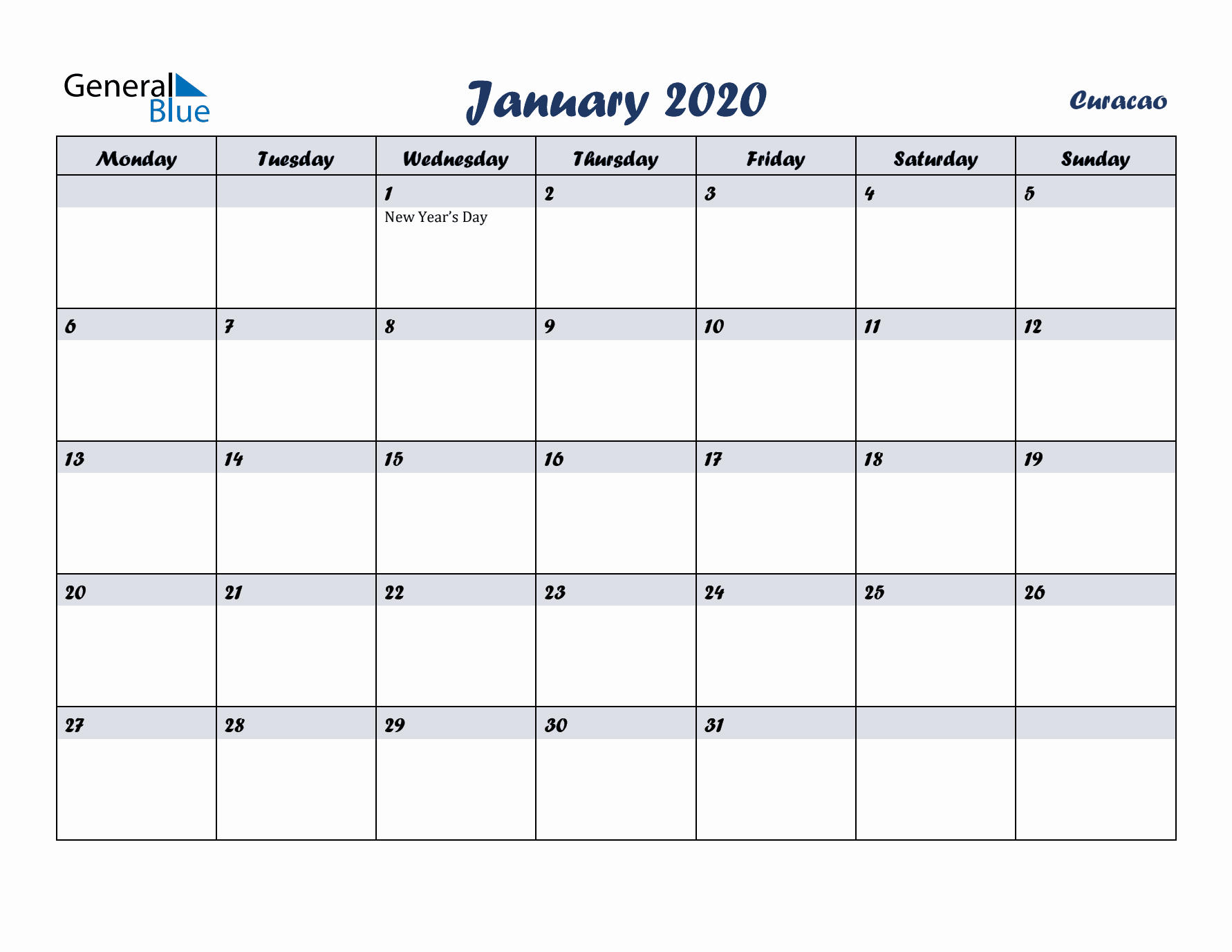 January 2020 Calendar with Holidays in Curacao