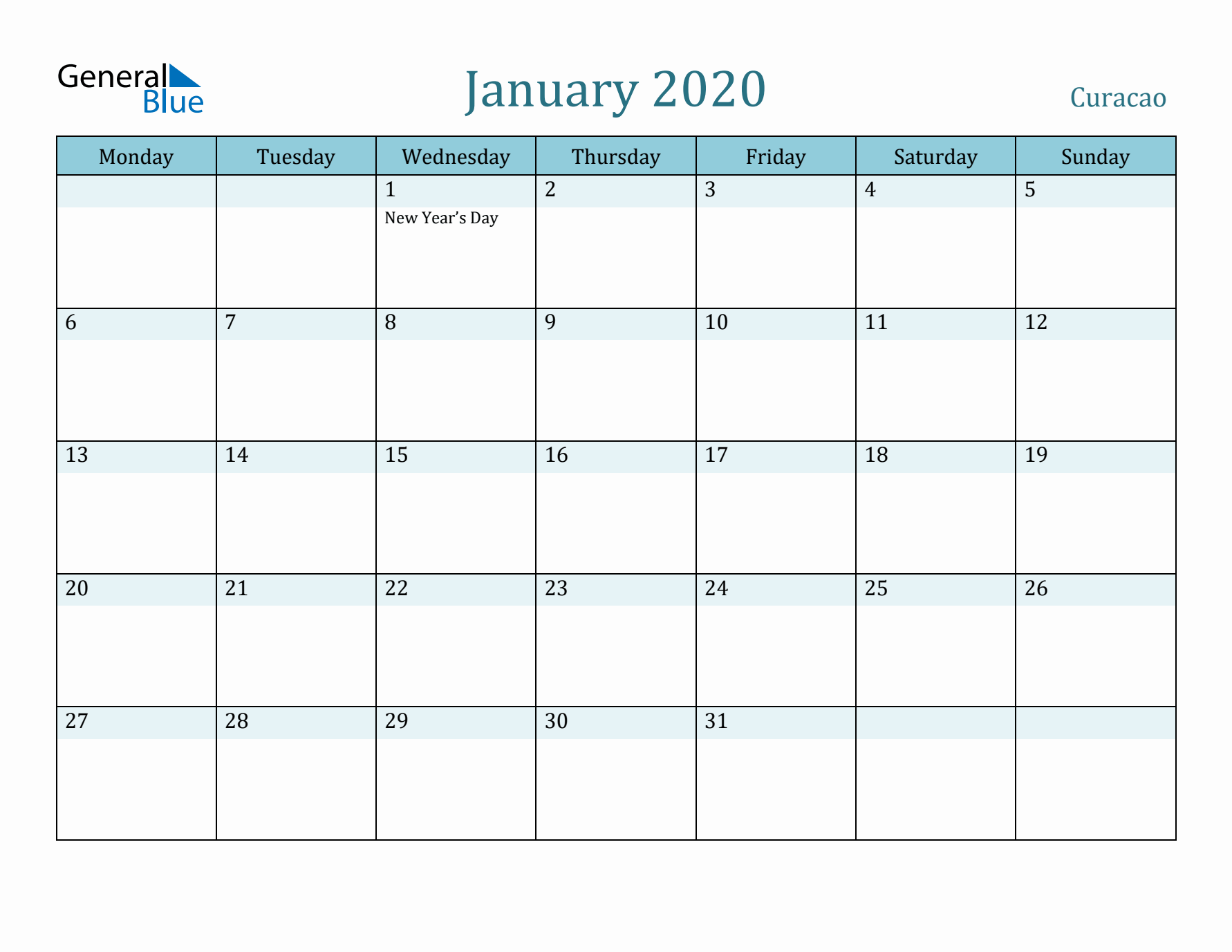 January 2020 Calendar with Holidays