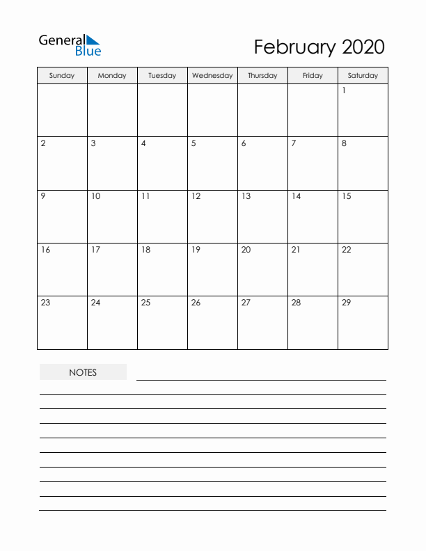Printable Calendar with Notes - February 2020