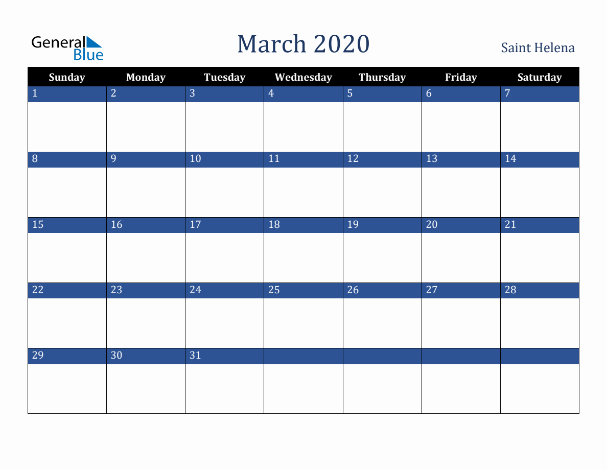 March 2020 Saint Helena Holiday Calendar