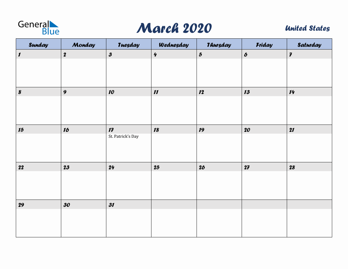 March 2020 Monthly Calendar Template with Holidays for United States