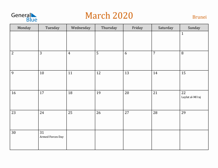 March 2020 Holiday Calendar with Monday Start