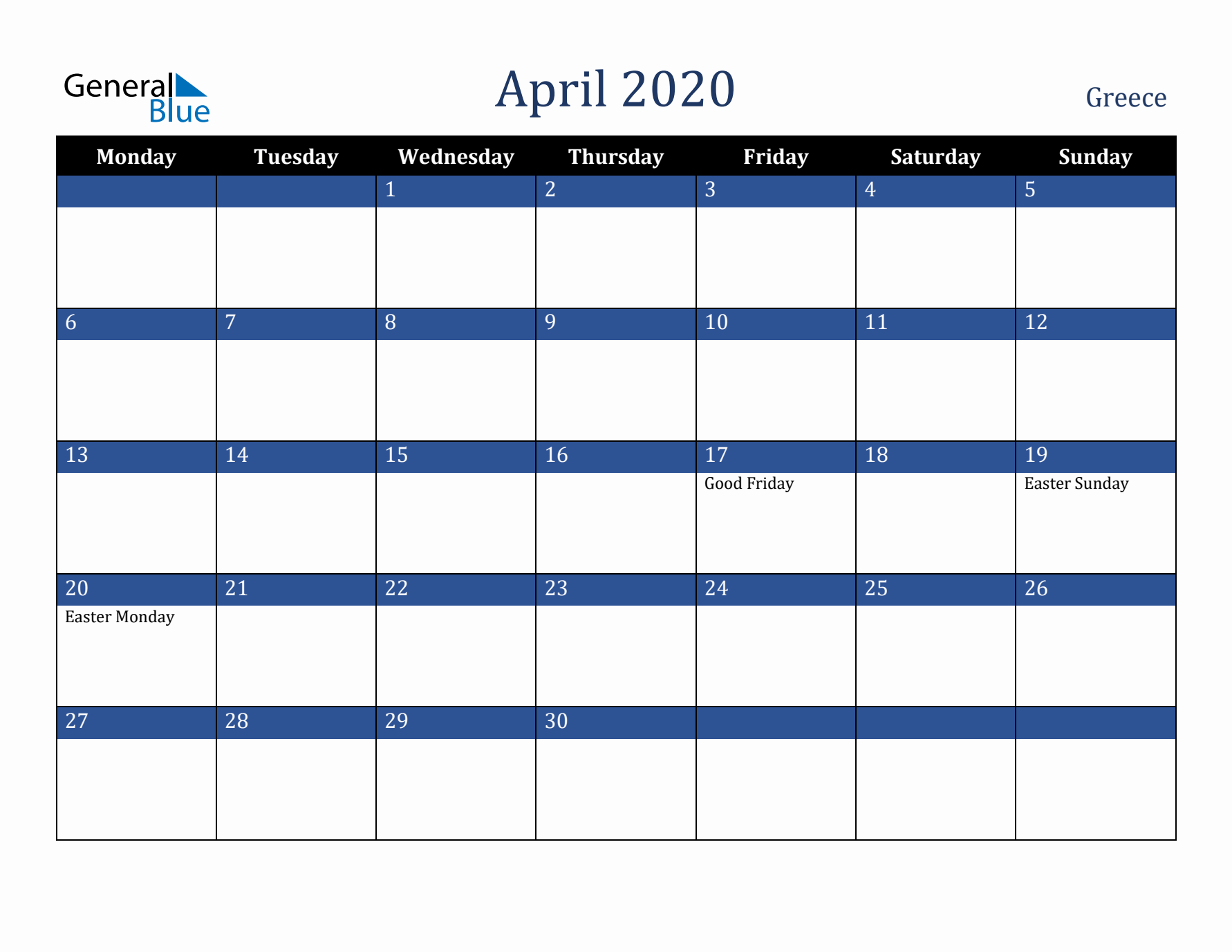 April 2020 Greece Calendar (Monday Start)